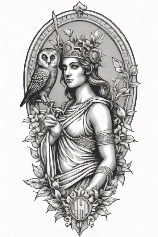Athena Greek Goddess With Owl And Parthenon And Olive Branch