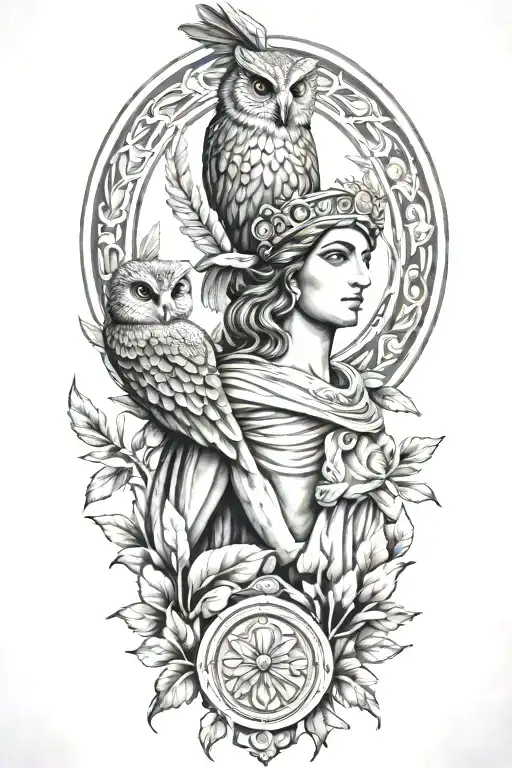 Athena Greek Goddess With Owl And Parthenon And Olive Branch