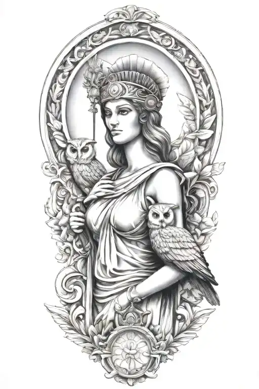 Athena Greek Goddess With Owl And Parthenon