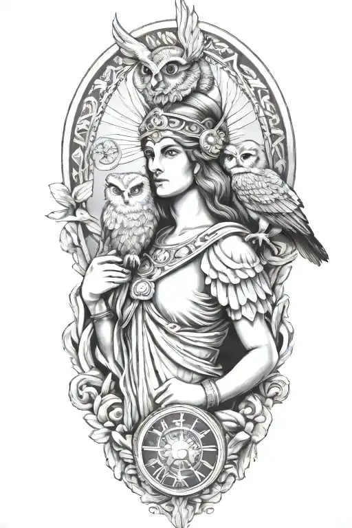 Athena Greek Goddess With Owl And Parthenon