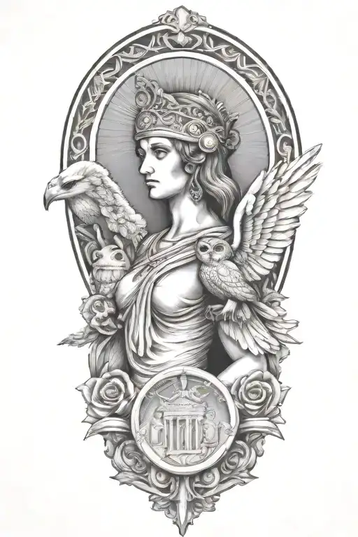 Athena Greek Goddess With Owl And Parthenon