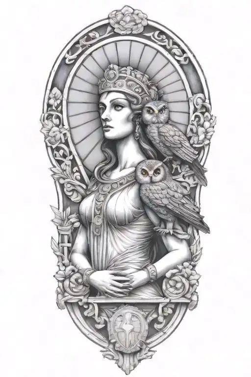 Athena Greek Goddess With Owl And Parthenon