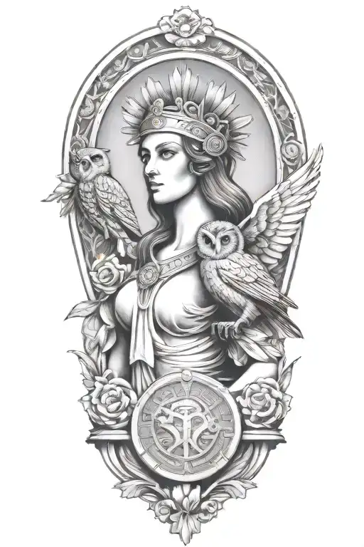 Athena Greek Goddess With Owl And Parthenon