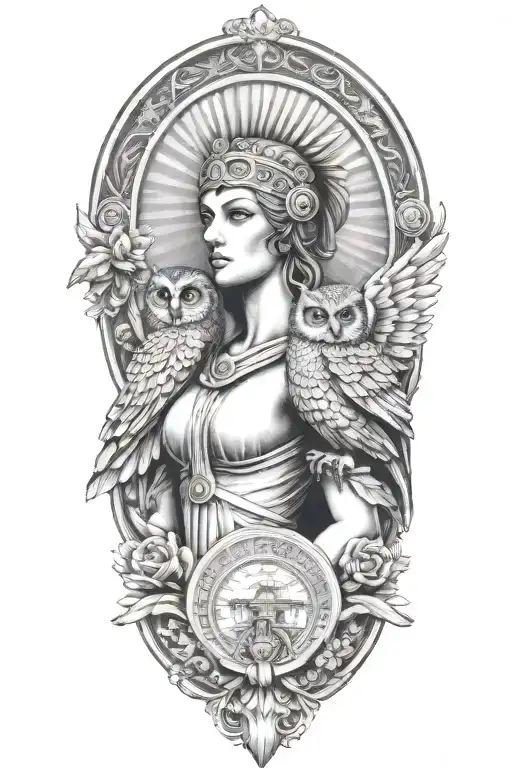 Athena Greek Goddess With Owl And Parthenon