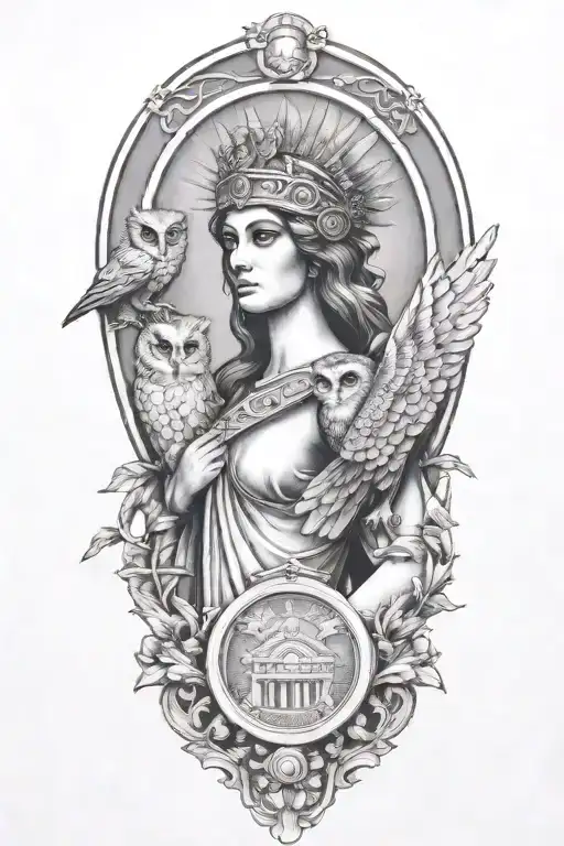Athena Greek Goddess With Owl And Parthenon