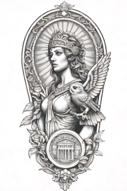 Athena Greek Goddess With Owl And Parthenon