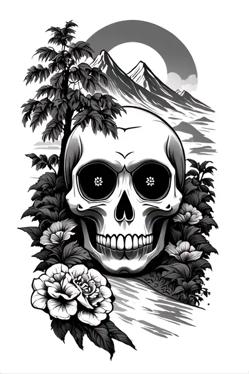 Dia De Los Muertos Style Mountain And Road In A Brushed Motion Out Of Japonese Culture