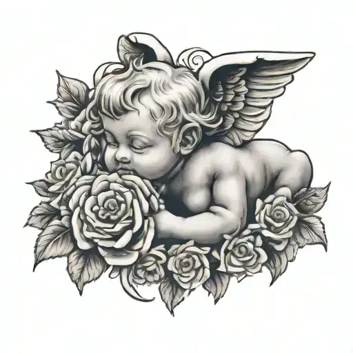 A Cherub Resting It's Head On A Bed Of Roses