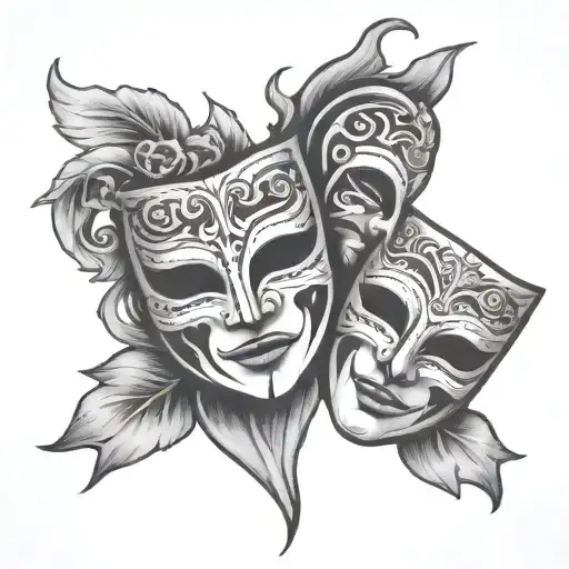 Dual Masks Tragedy And Comedy Simple Line Drawing