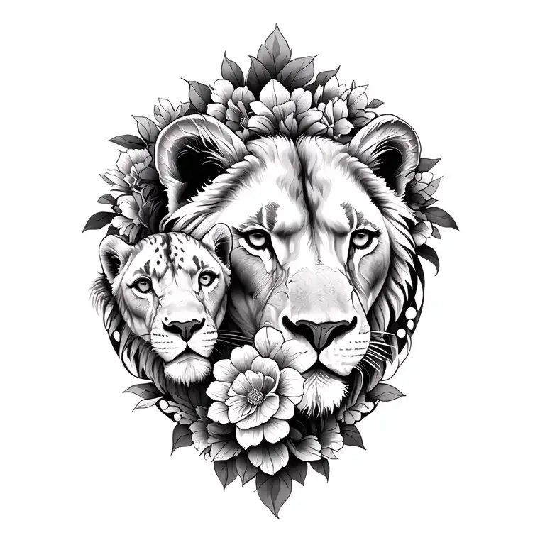 Lions Female And Baby Lions Head Mandala Design Incorporating And Flowers