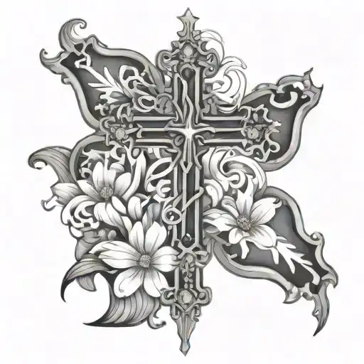 A Christian Cross With Hollys And Cosmos