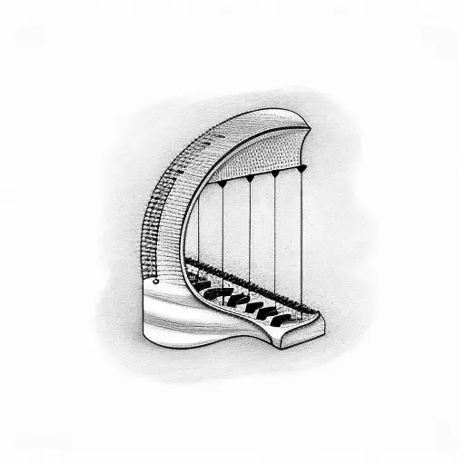 A Minimalist Design Of A Harp Guitar And Piano Keys Forming A Rainbow Shape