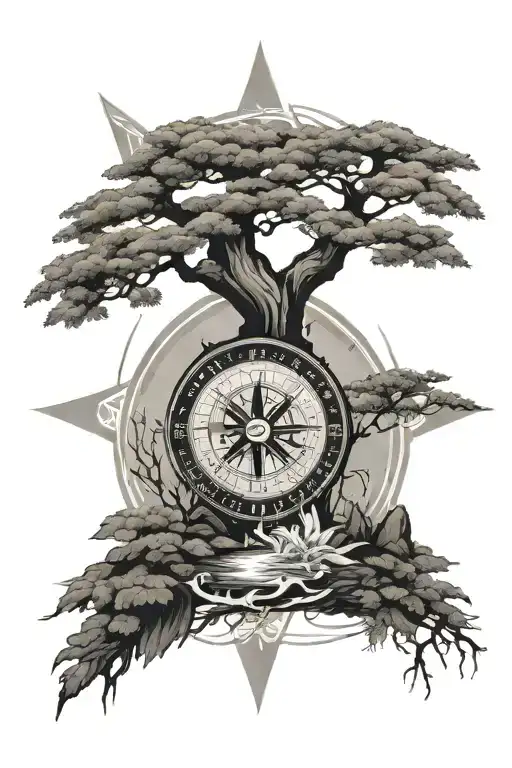 Bonsai Tree River Flowing Compass Rose