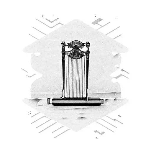 A Minimalist Design Of A Harp Guitar And Piano Keys Forming A Rainbow Shape