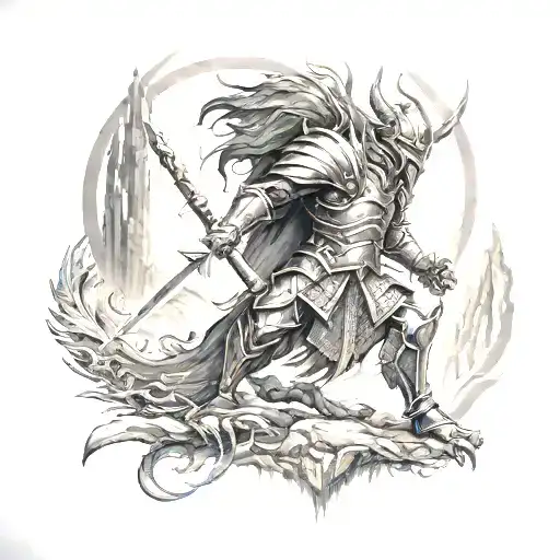 A Warrior In Full Armor Battling A Mythical Creature In A Fantasy Landscape