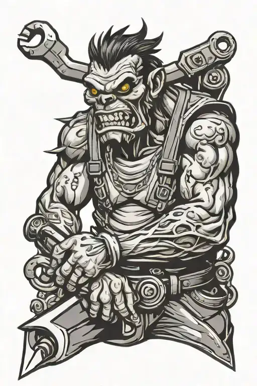 Angry Mechanic Monster Demon Holding Wrench As Weapon