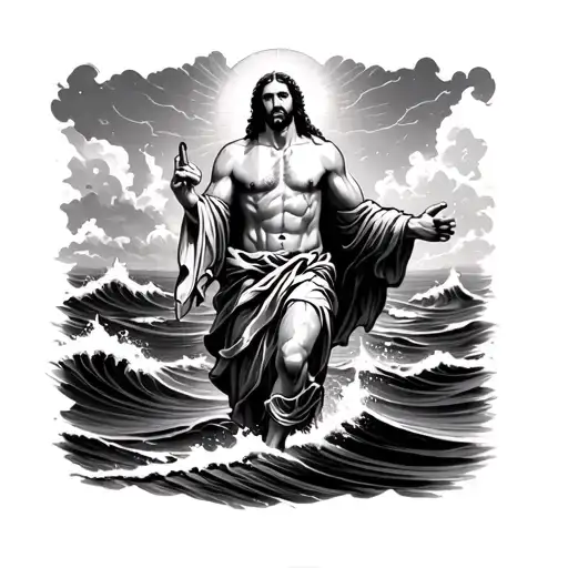 Jesus Walking On Water Waves Crashing In The Background