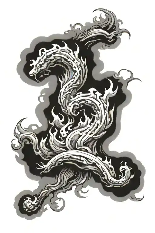 Tall Flames Of Fire Blending Into A Tall Narrow Cloud