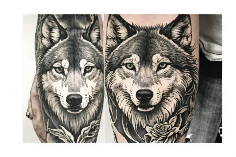 Realistic Sleeve With Wolf And Maybe Woman Face In The Forearm