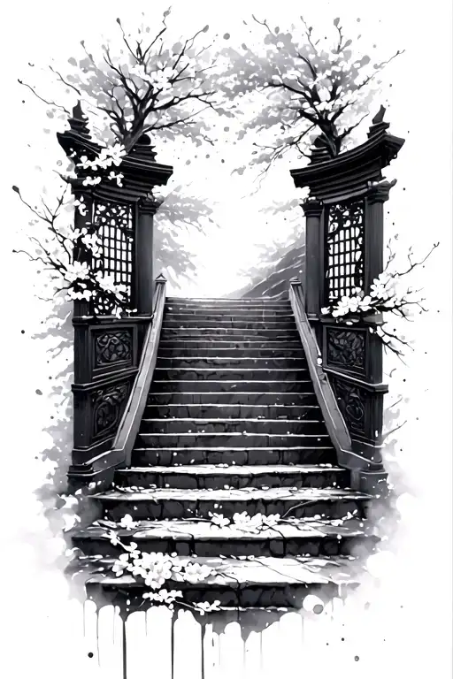 Heaven Gates Open With Stairs Using White Ink Splatter Cherry Blossom