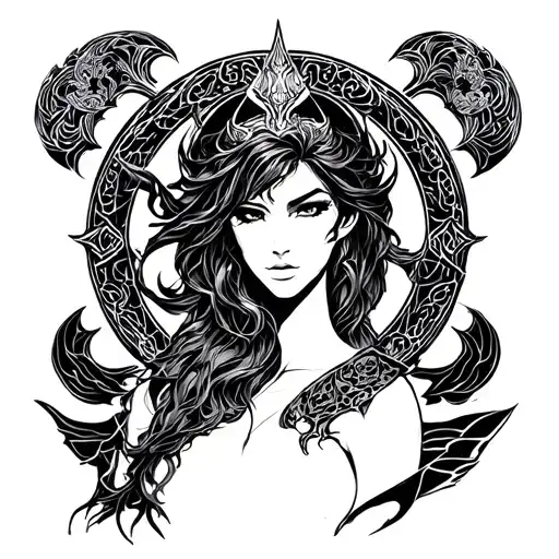 Generate Me A Sketch Of A Tattoo With A Honsu God Luna From Marvel