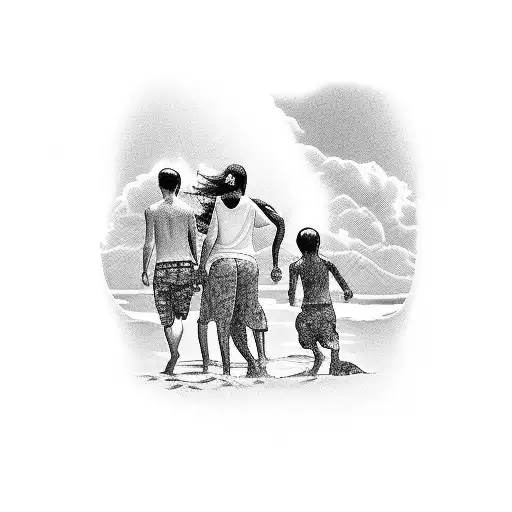 A Black-grey Tattoo Of A Family Enjoying A Hawaiian Beach With Anime Elements