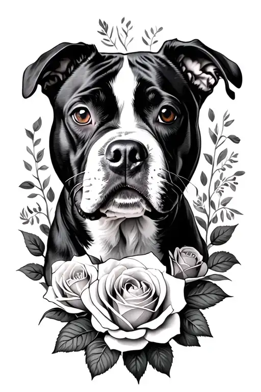 Staffordshire Bull Terrier And Roses Growing