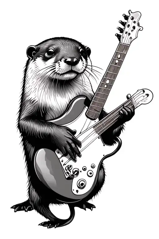 River Otter Realistic Tattoo Holding Rock Music