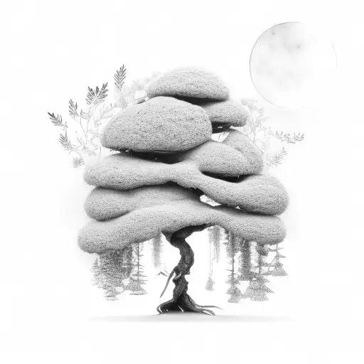 A Black-grey Tattoo Of A Mom Hugging A Tree Surrounded By Moss And Plants