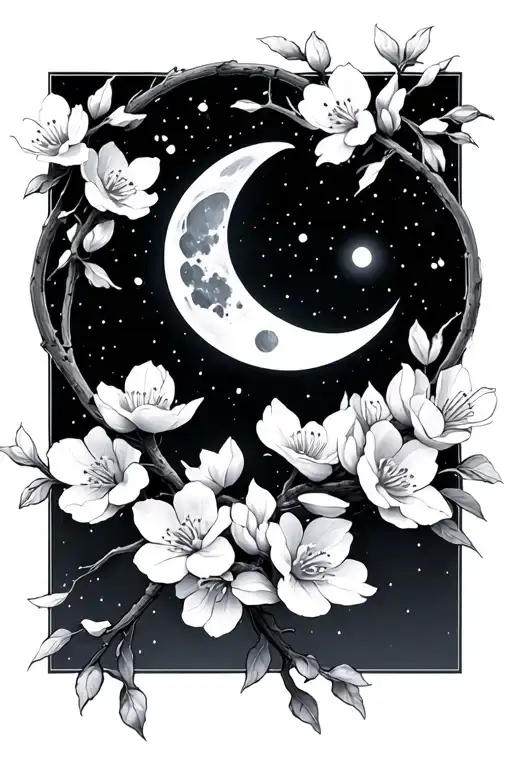 Moon Cresent And Cherry Blossoms