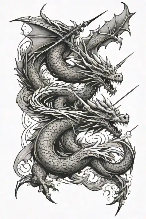 Dragon Soaring Birds Sword Separating Dragon And Birds Spears Flying From Below Onto Dragon