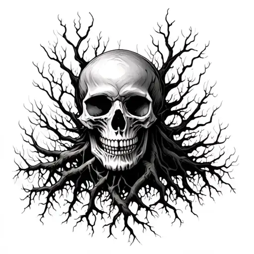 Skull With Roots Growing Out From All Sides