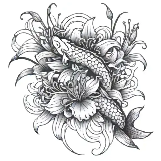 Red Spider Lily And Koi Fish