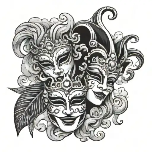 Venetian Masks Cry And Smile Under A Black Fool With Clouds