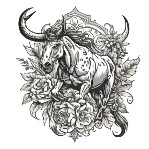 Bull Skull With Wild Flowers And Horse Running