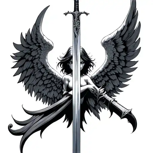 Angel Wings Spread Out With Sword