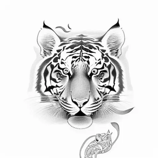 Design A Black-grey Tattoo Showcasing A Tiger Surrounded By Lotus Flowers