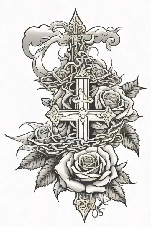 Rose With Crown Of Thorns And Three Crosses Surrounded By Clouds