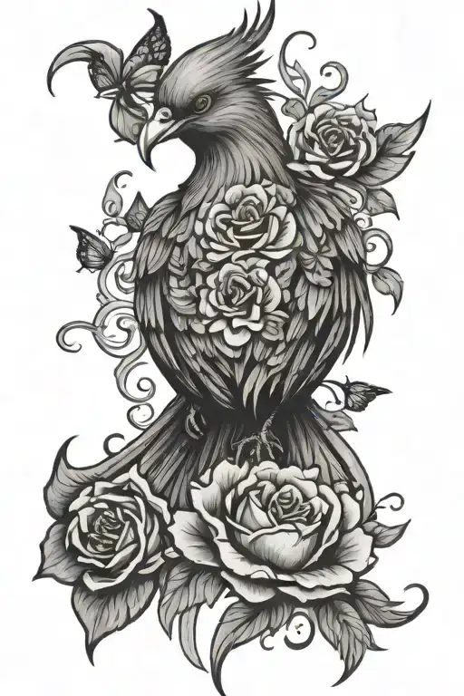 Phoenix Bird With Roses And Butterflies