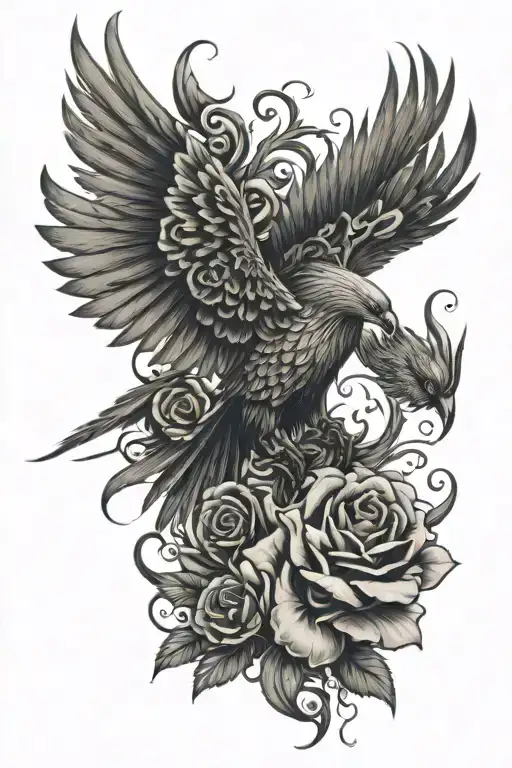 Big Phoenix Bird With Roses And Butterflies Intertwined