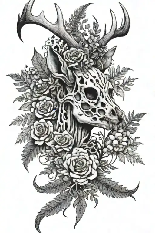 Deer Skeleton In Fern And Flowers