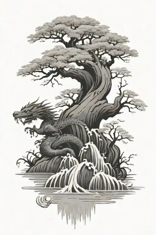 Japanese Style Trees And Water With Dragon