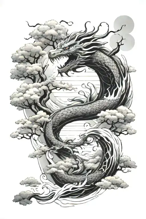 Japanese Style Trees And Water With Dragon
