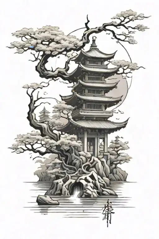 Japanese Style Trees And Water Temple