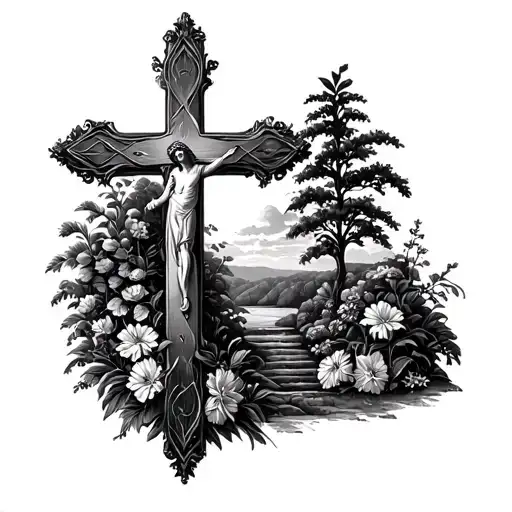 Christian Cross With Garden Scene Tattoo