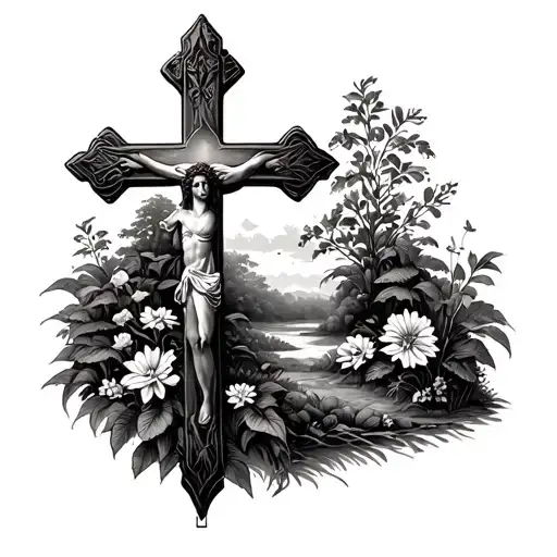 Christian Cross With Garden Scene Tattoo