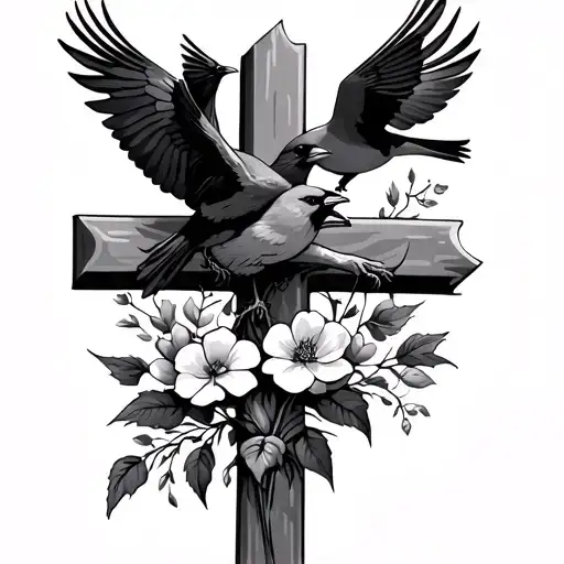 Christian Cross With Flowers And Cardinals Flying Tattoo
