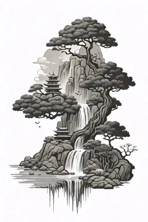 Japanese Style Trees And Waterfall With Small Dragon