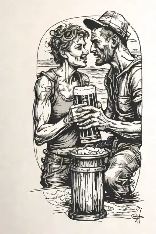 A Sketch Tattoo Of Two People Drinking Beer Together On The Beach