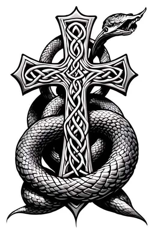 Celtic Cross Wrapped With Snake Coiled